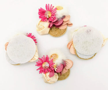 Hand Embroidered Pink and Beige Floral Applique With Feather Pom Poms and Stones, 2 Pcs